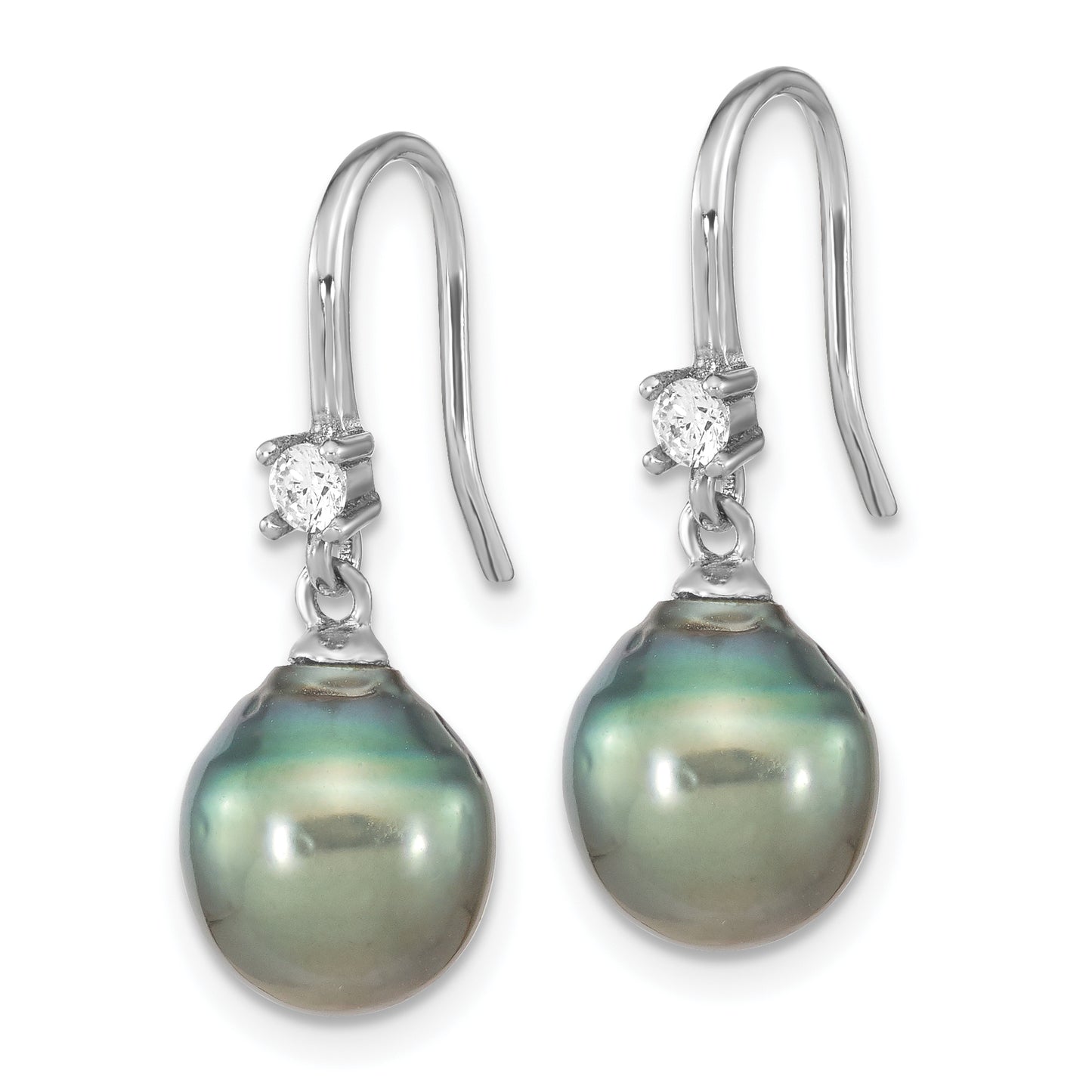 Sterling Silver Rhodium-Plated Polished 9-10mm Tahitian Saltwater Pearl & Cz Dangle Earrings