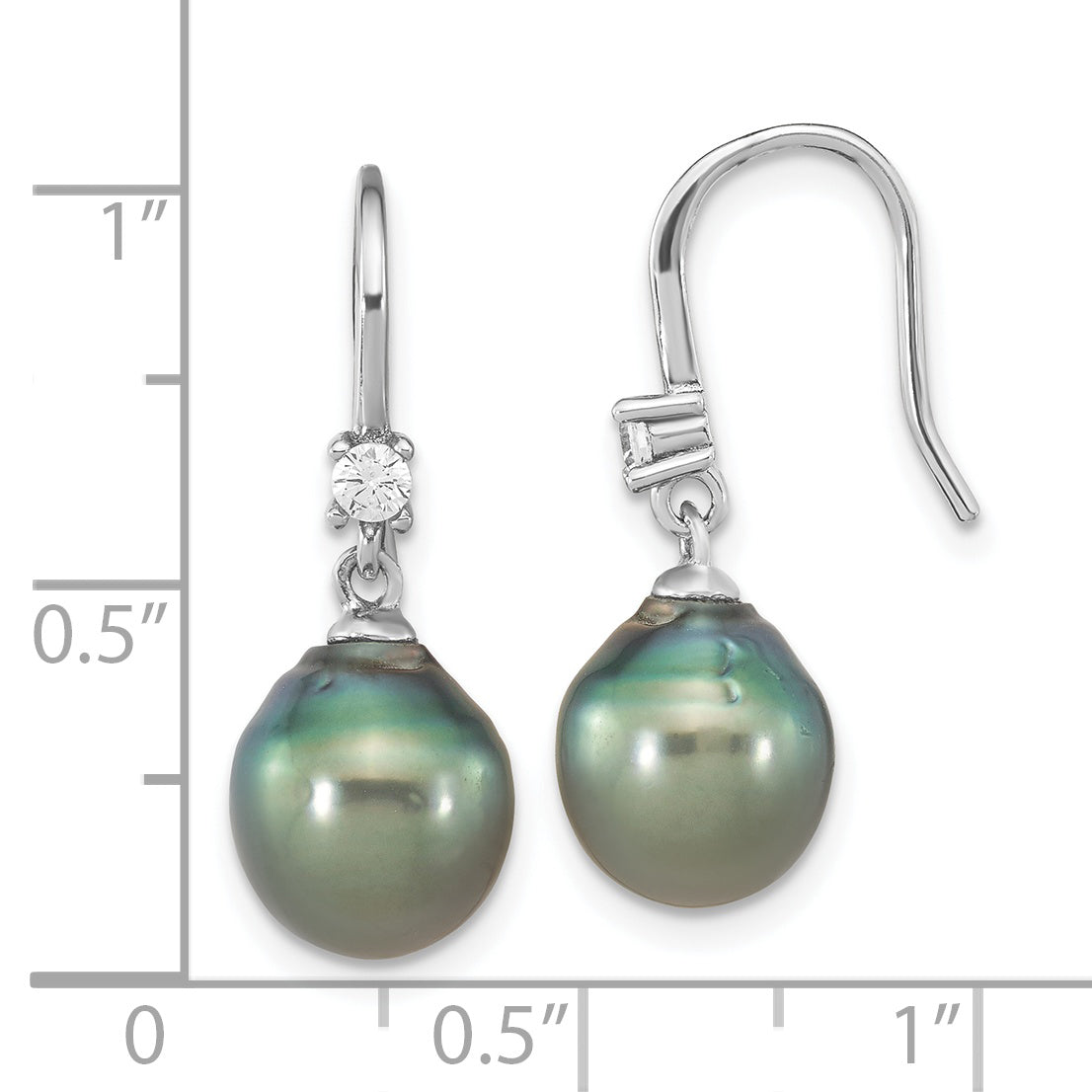 Sterling Silver Rhodium-Plated Polished 9-10mm Tahitian Saltwater Pearl & Cz Dangle Earrings