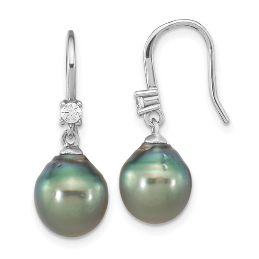 Sterling Silver Rhodium-Plated Polished 9-10mm Tahitian Saltwater Pearl & Cz Dangle Earrings