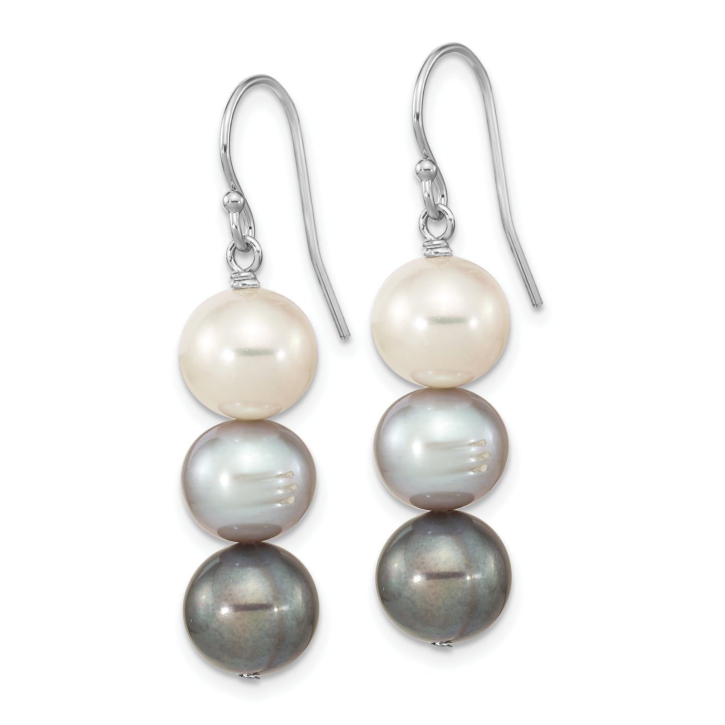 Sterling Silver Rhodium-Plated Polished 8-9mm Black, White & Grey Freshwater Cultured Pearl Dangle Earrings