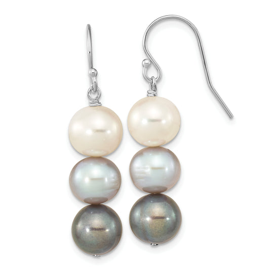 Sterling Silver Rhodium-Plated Polished 8-9mm Black, White & Grey Freshwater Cultured Pearl Dangle Earrings