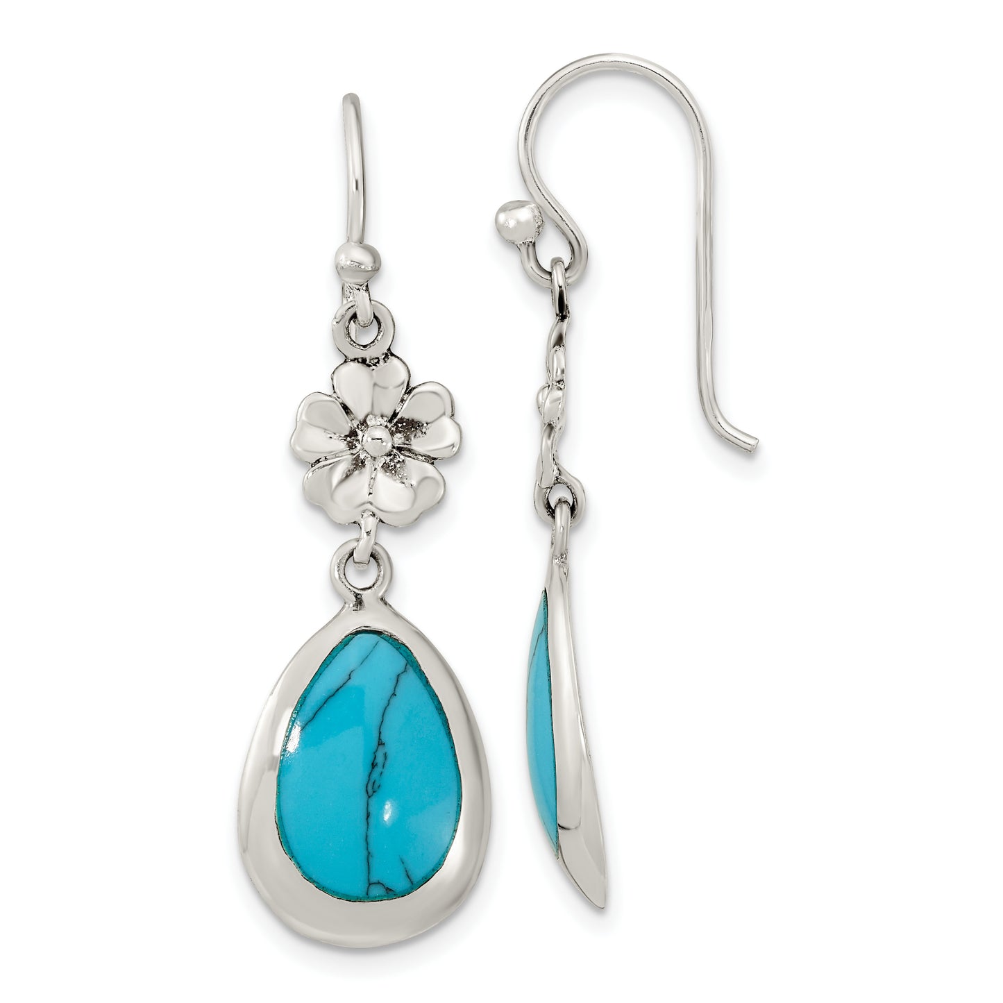 Sterling Silver Polished Recon. Turquoise Floral Teardrop Dangle Earrings