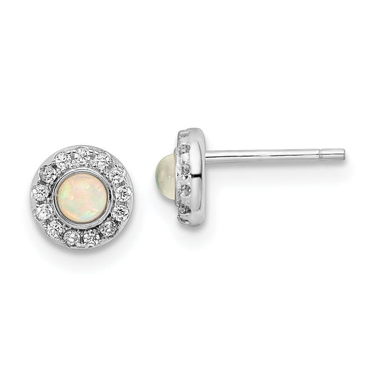 Sterling Silver Rhod-Plated Polished Created Opal & Cz Halo Post Earrings