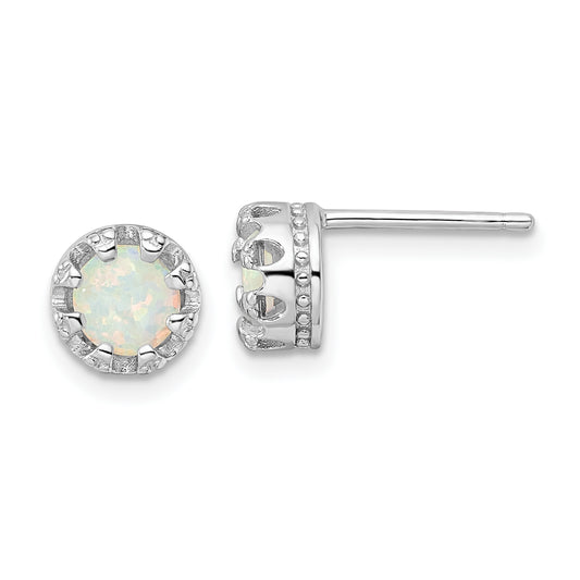 Sterling Silver Rhodium-Plated Polished Created Opal Post Earrings