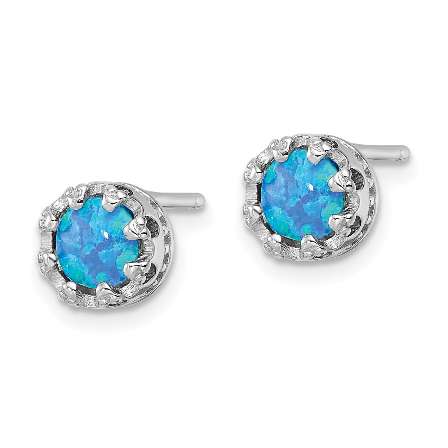 Sterling Silver Rhodium-Plated Polished Blue Created Opal Post Earrings