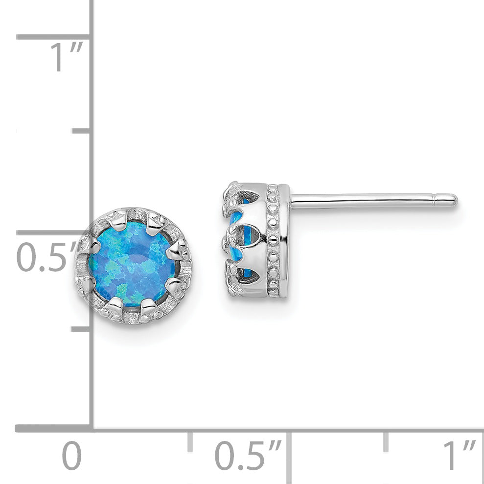 Sterling Silver Rhodium-Plated Polished Blue Created Opal Post Earrings