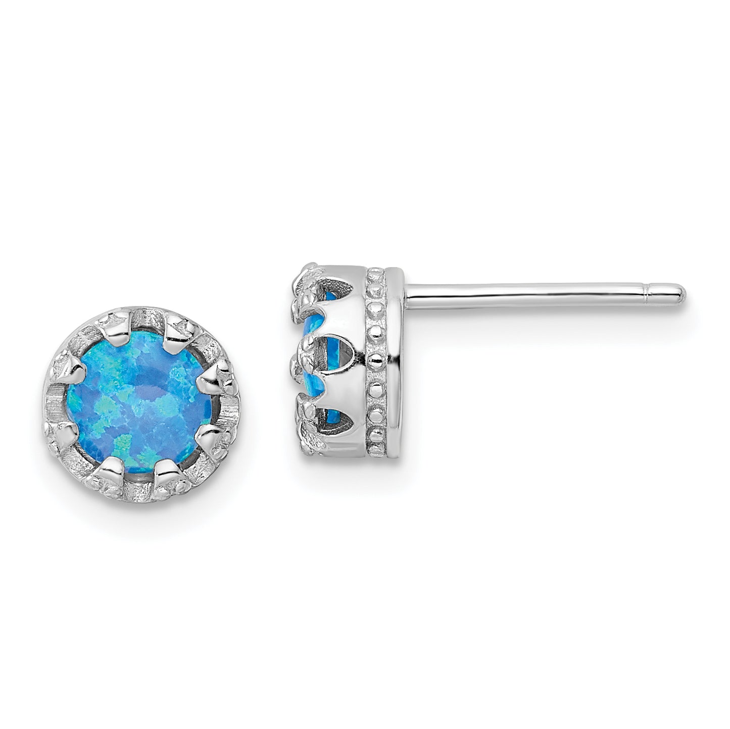 Sterling Silver Rhodium-Plated Polished Blue Created Opal Post Earrings