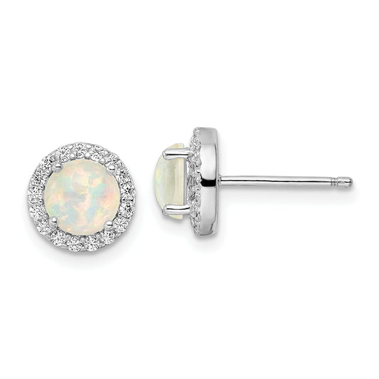 Sterling Silver Rh-Pltd Polished Created Opal/Cz Round Halo Post Earrings