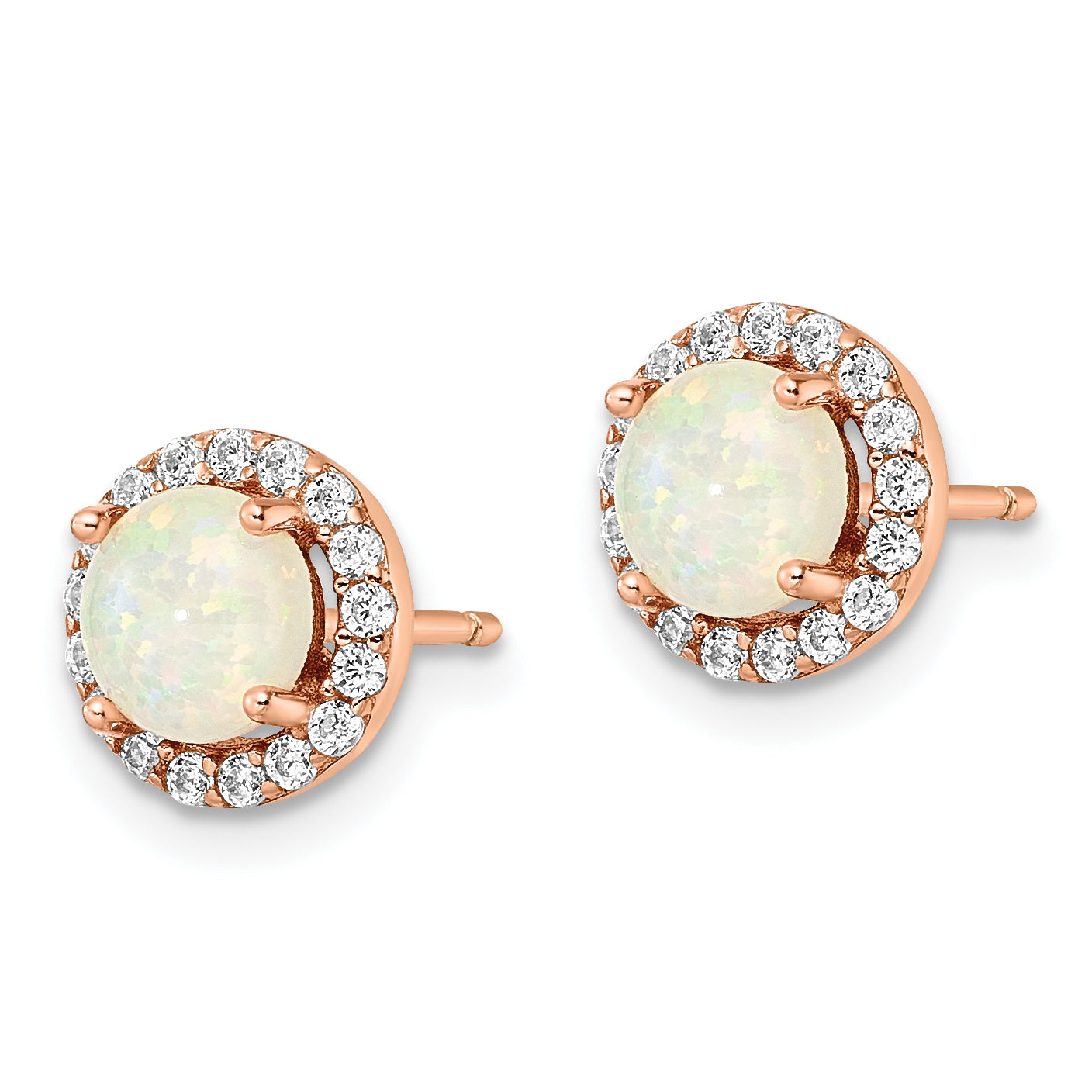 Sterling Silver Rose-Tone Polished Created Opal & Cz Halo Post Earrings