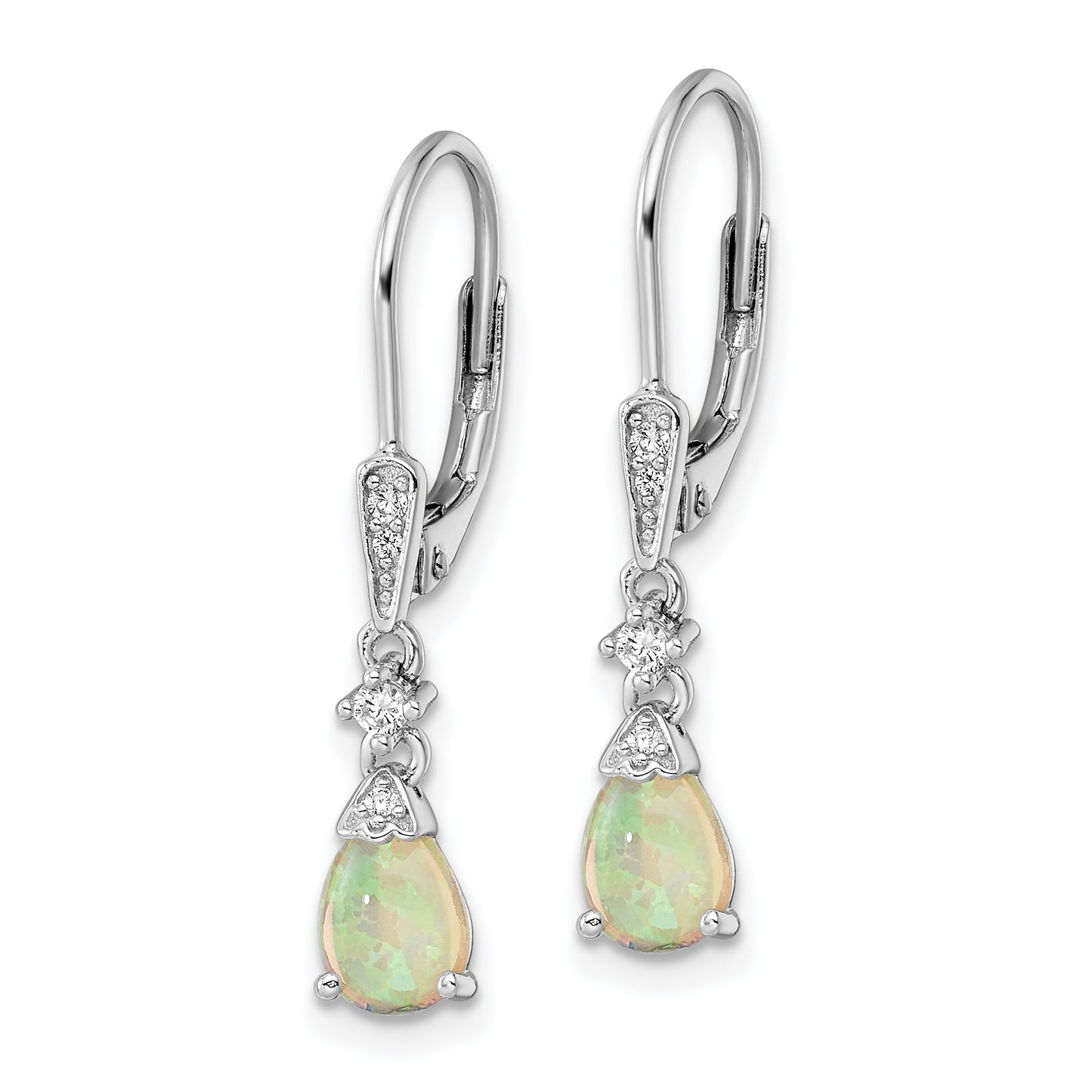 Sterling Silver Rh-Plated Cz & Created Opal Teardrop Leverback Earrings