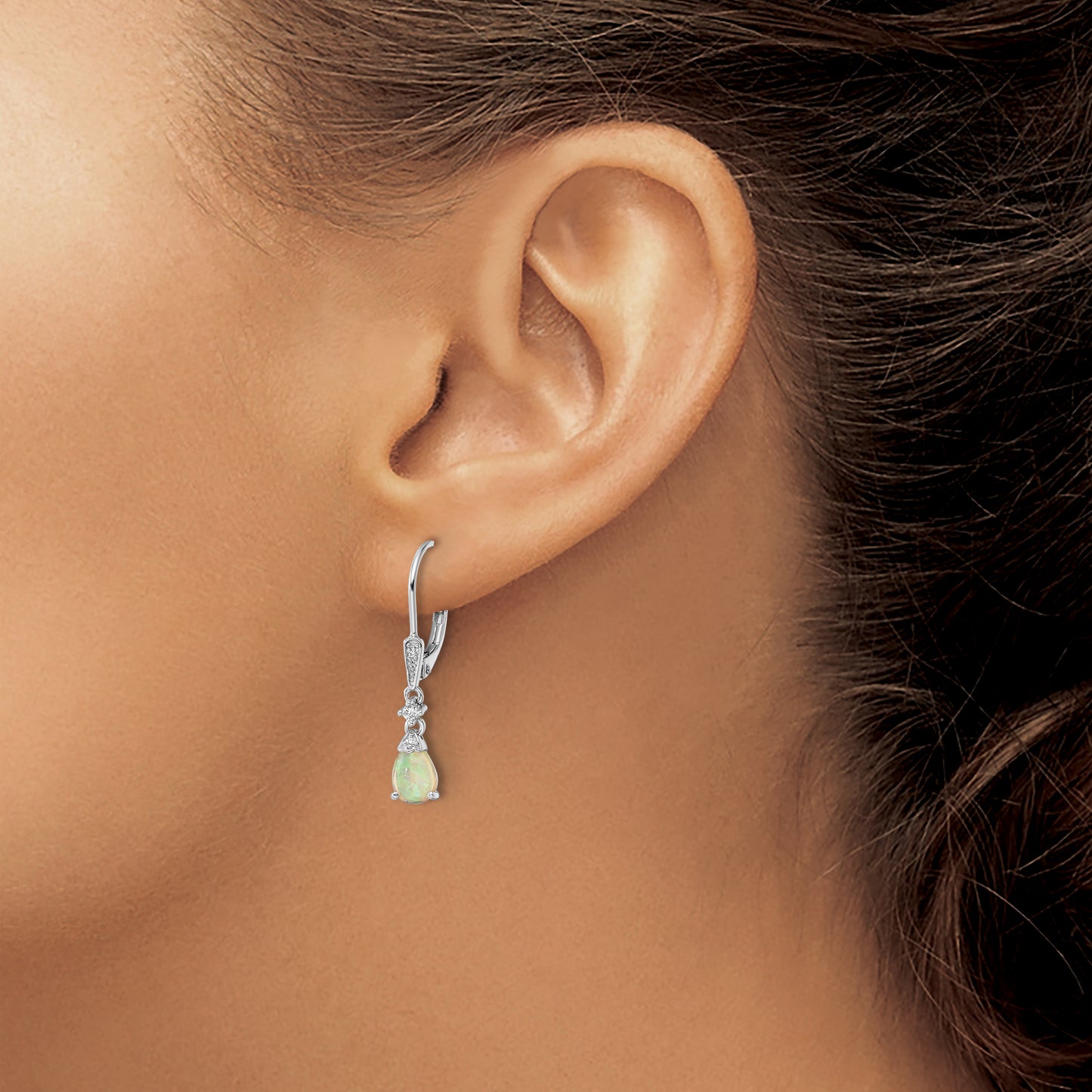 Sterling Silver Rh-Plated Cz & Created Opal Teardrop Leverback Earrings