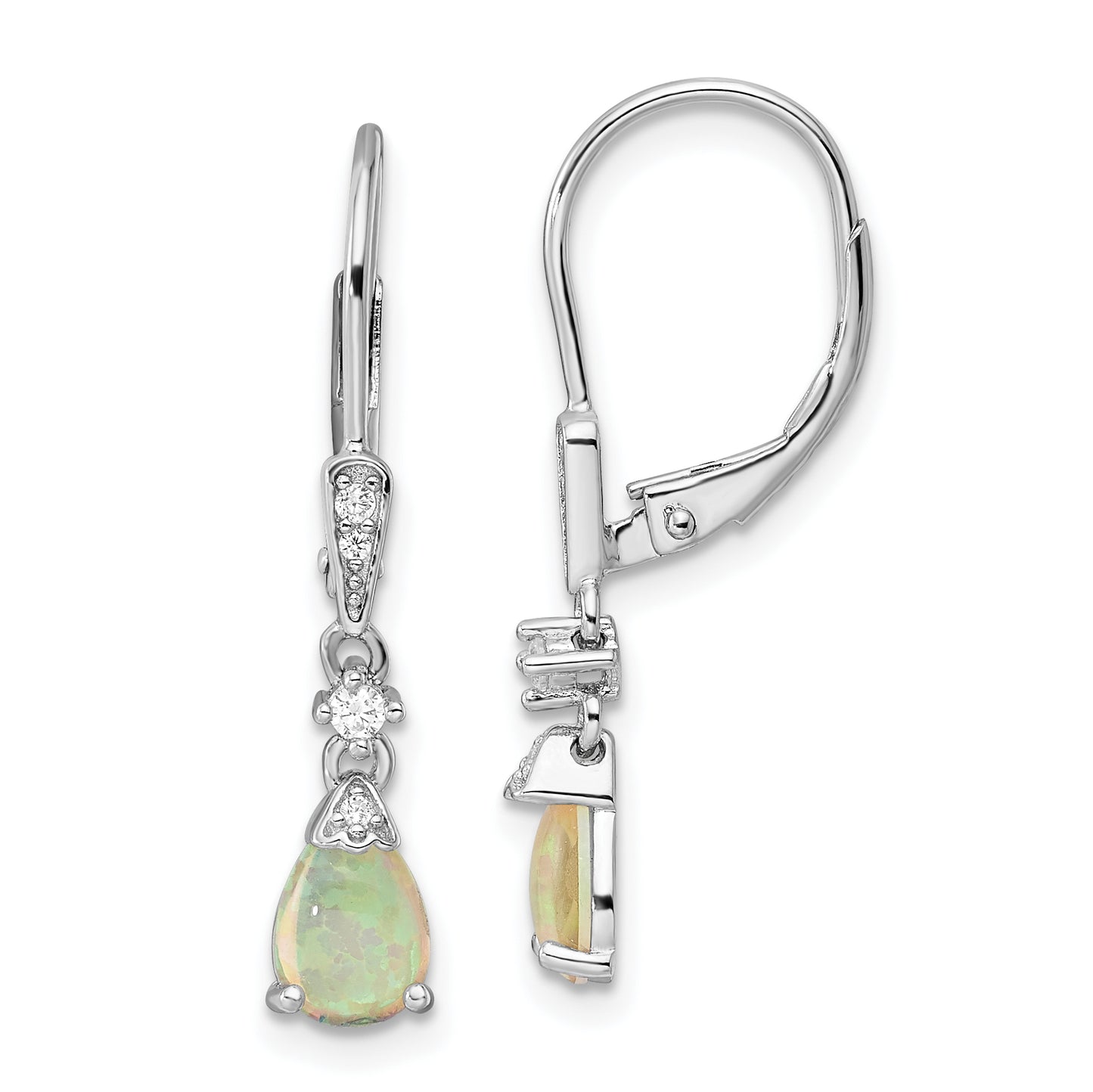 Sterling Silver Rh-Plated Cz & Created Opal Teardrop Leverback Earrings