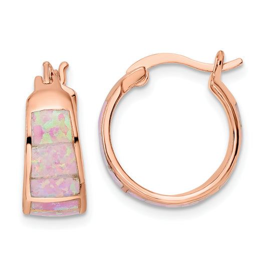 Sterling Silver Rose-Tone Polished Pink Created Opal Inlay Hoop Earrings