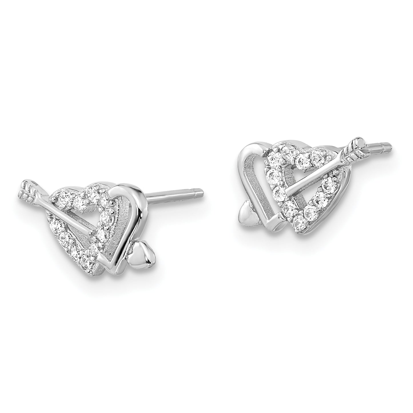 Sterling Silver Rhodium-Plated Cz Double Heart And Arrow Post Earrings