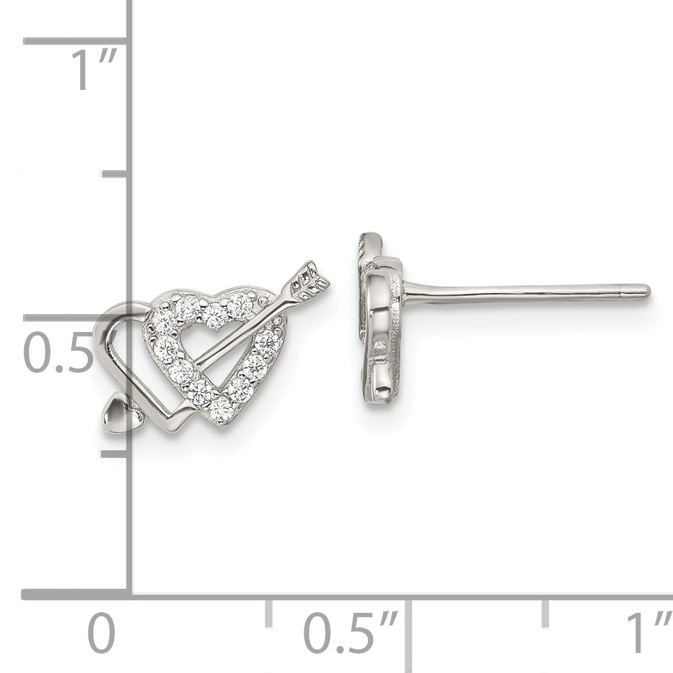 Sterling Silver Rhodium-Plated Cz Double Heart And Arrow Post Earrings