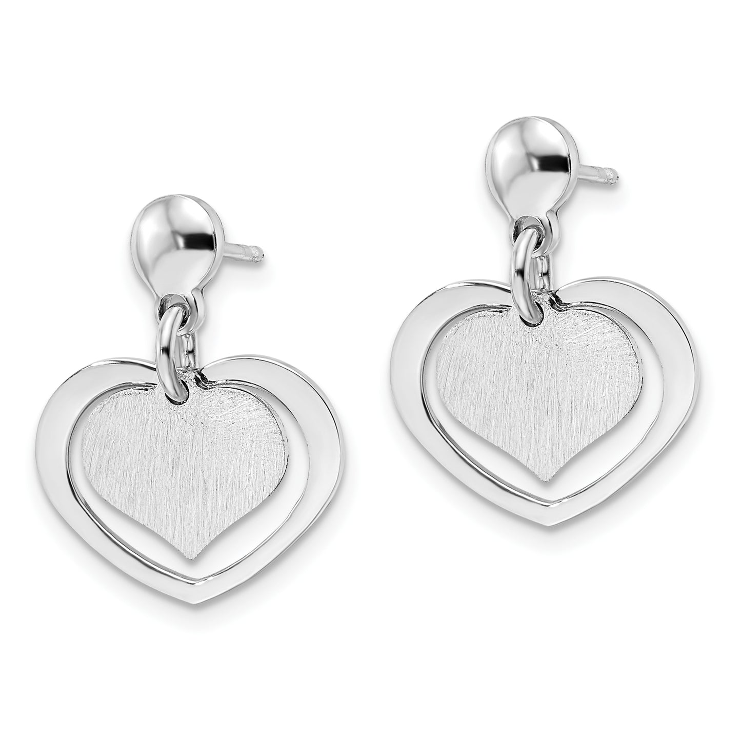 Sterling Silver Rhodium-Plated Satin Heart In Dangle Post Earrings