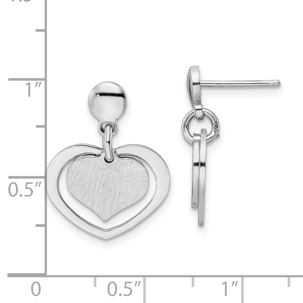 Sterling Silver Rhodium-Plated Satin Heart In Dangle Post Earrings