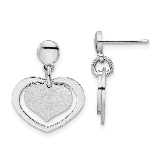 Sterling Silver Rhodium-Plated Satin Heart In Dangle Post Earrings