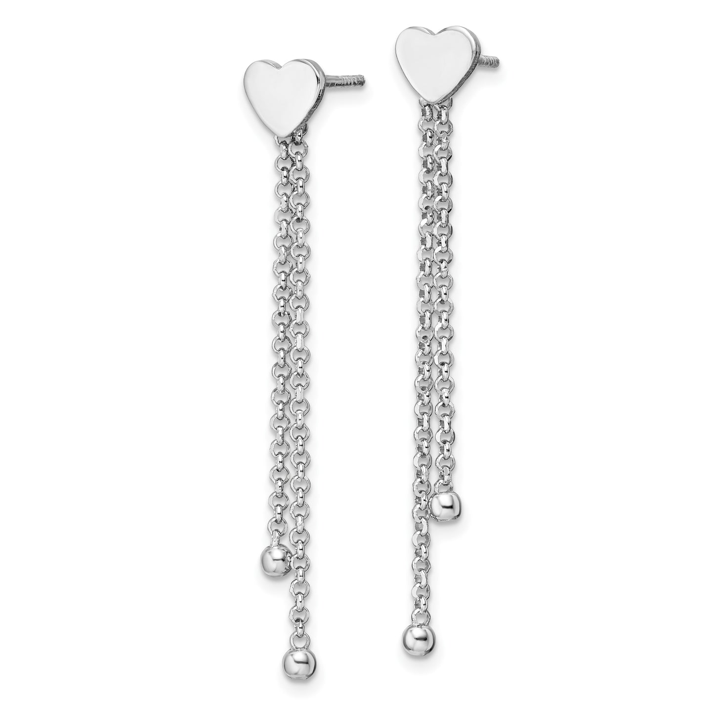 Sterling Silver Rhodium-Plated Polished Heart Chain Dangle Post Earrings