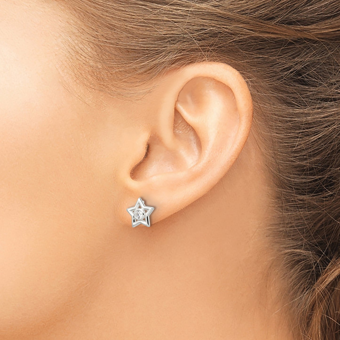 Sterling Silver Polished Cz Star Post Earrings