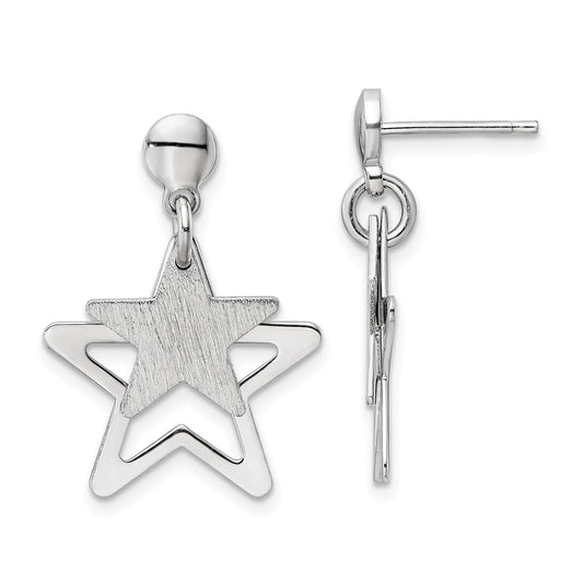 Sterling Silver Rhodium-Plated Satin Star In Dangle Post Earrings