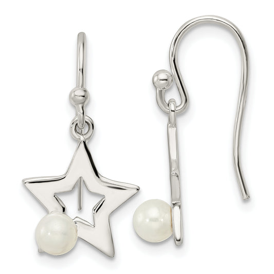 Sterling Silver Polished Imitation Pearl Star Shepherd Hook Earrings