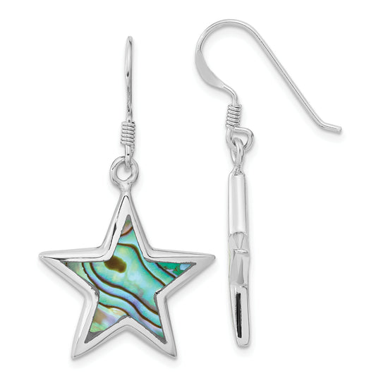 Sterling Silver Rhodium-Plated Polished Abalone Star Dangle Earrings