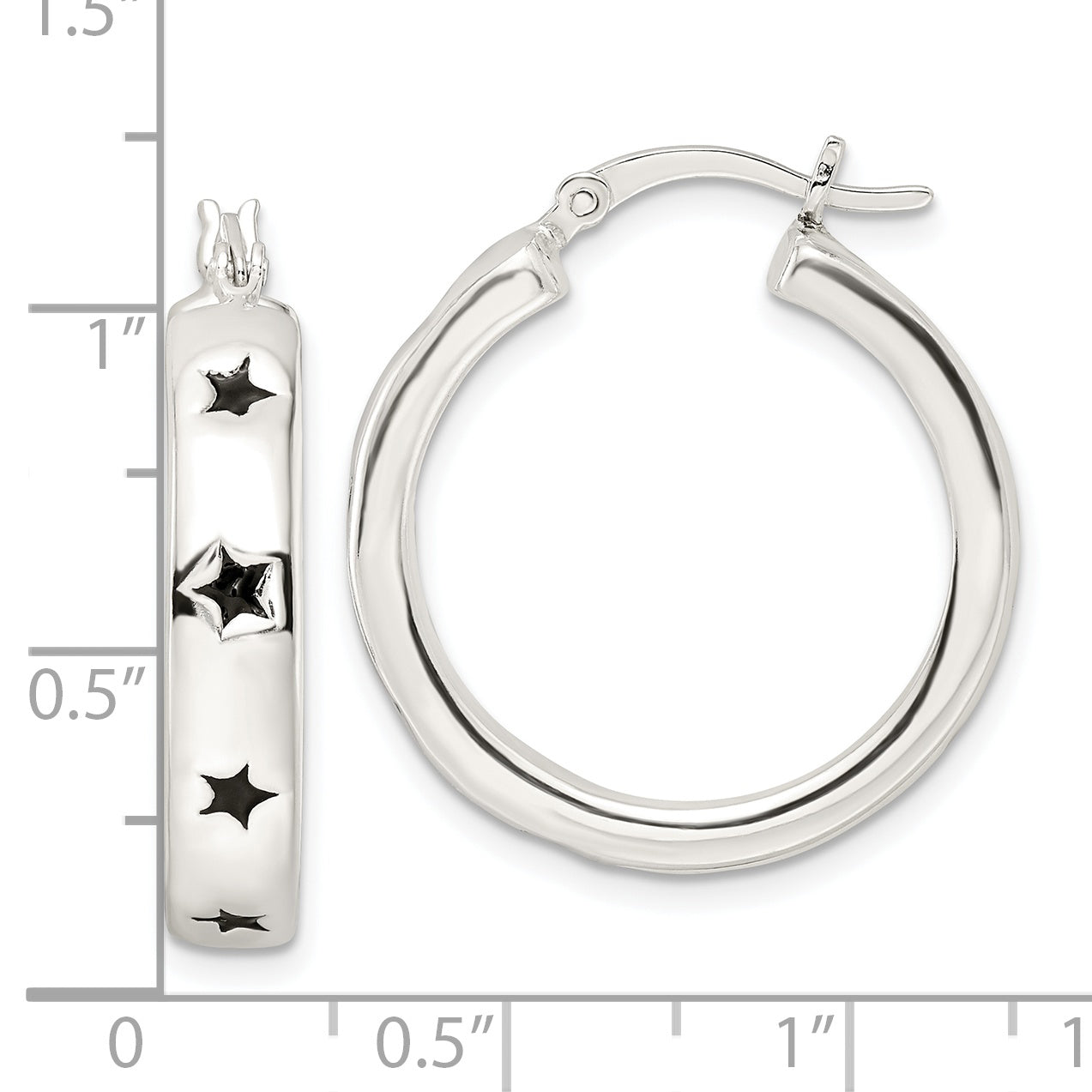 Sterling Silver Polished Black Enamel Star Circle Hoop Earrings