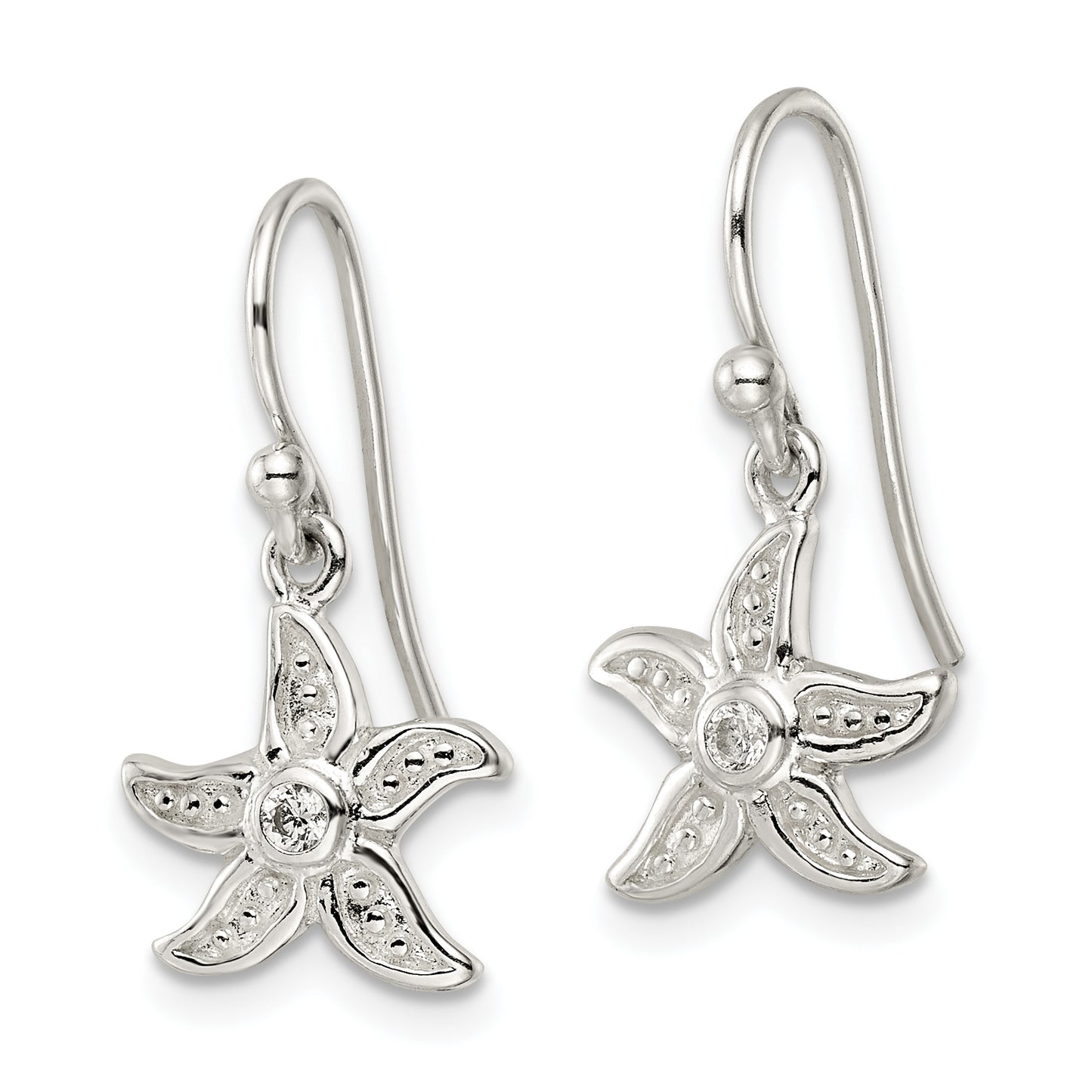 Sterling Silver Textured Cz Center Starfish Shepherd Hook Earrings