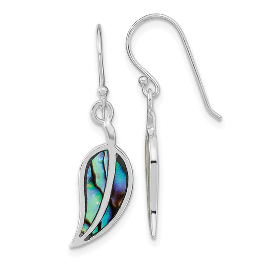 Sterling Silver Rh-Plated Abalone Leaf Shephard Hook Earrings