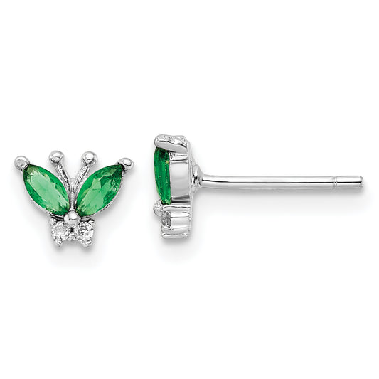 Sterling Silver Rhodium-Plated Green & White Cz Butterfly Post Earrings