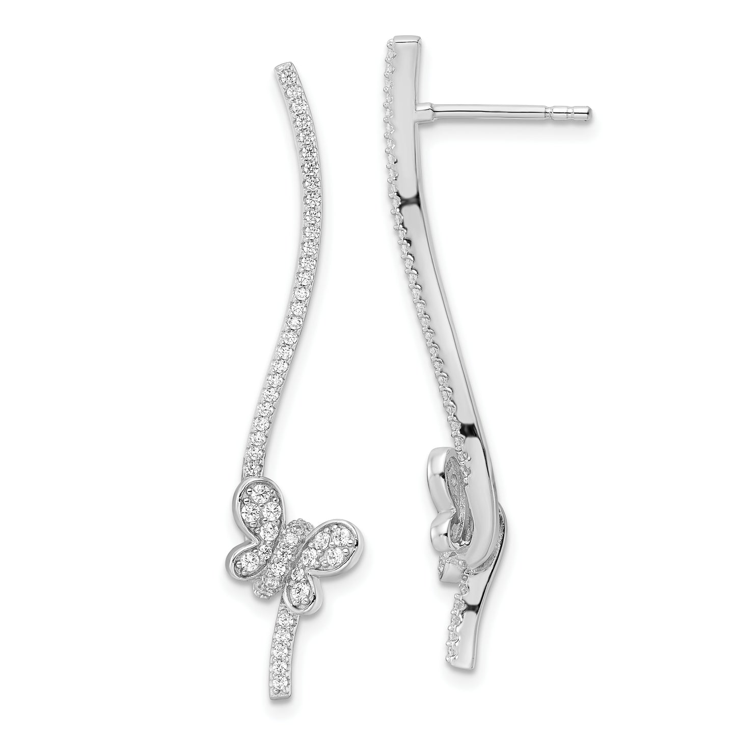 Sterling Silver Rhodium-Plated Cz Dangle Bar Butterfly Post Earrings