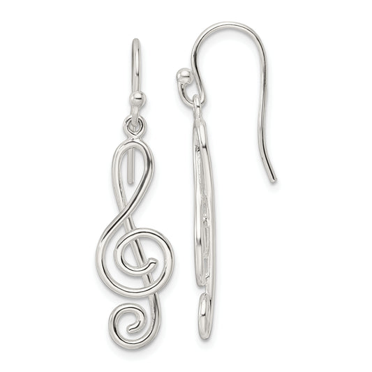 Sterling Silver Polished Treble Clef Dangle Shepherd Hook Earrings