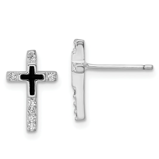 Sterling Silver Rh-Plated Enamel Cz Cross Post Earrings