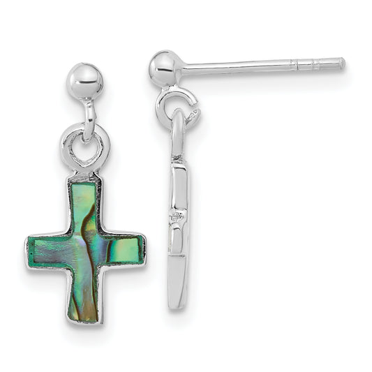 Sterling Silver Rhodium-Plated Polished Abalone Cross Dangle Post Earrings