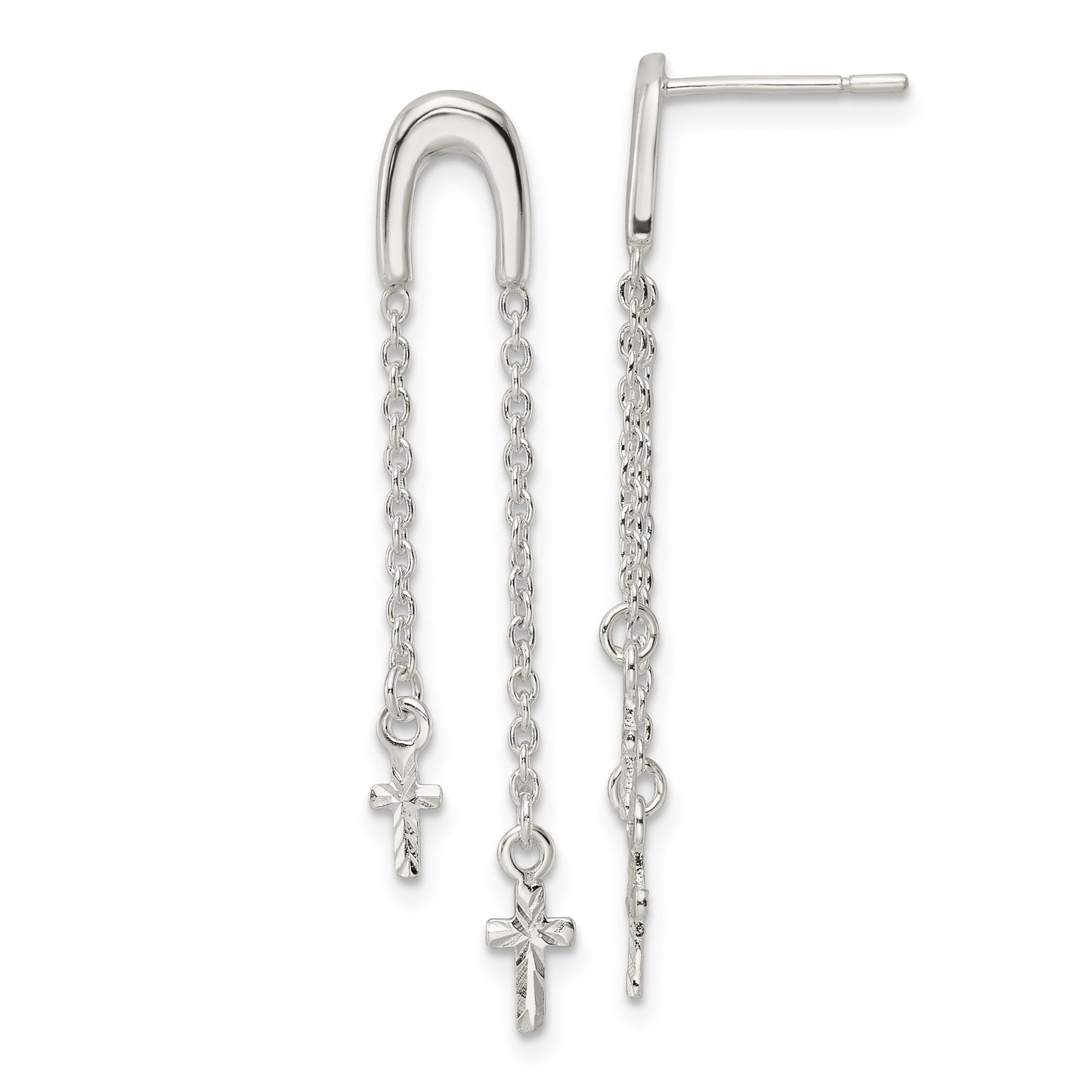 Sterling Silver Polished & D/C Cross Multi-Chain Post Dangle Earrings