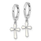 Sterling Silver Rhodium-Plated Polished Cz & White Enamel Passion Cross Dangle Round Hoop Earrings