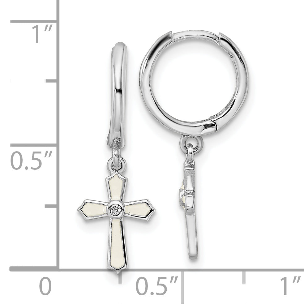 Sterling Silver Rhodium-Plated Polished Cz & White Enamel Passion Cross Dangle Round Hoop Earrings