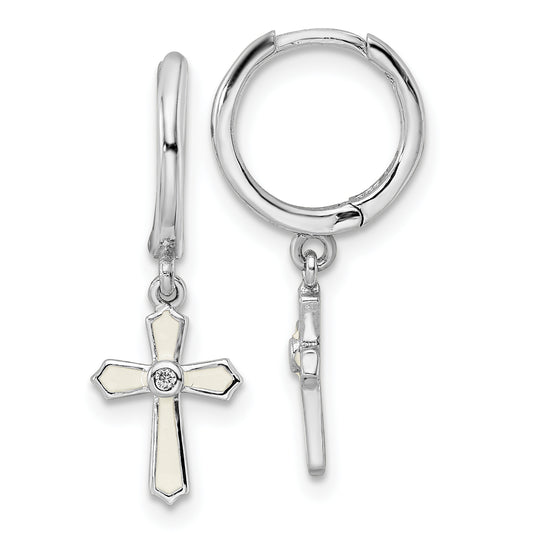 Sterling Silver Rhodium-Plated Polished Cz & White Enamel Passion Cross Dangle Round Hoop Earrings