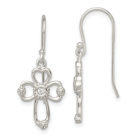 Sterling Silver Polished & Beaded Cz Cross Dangle Earrings