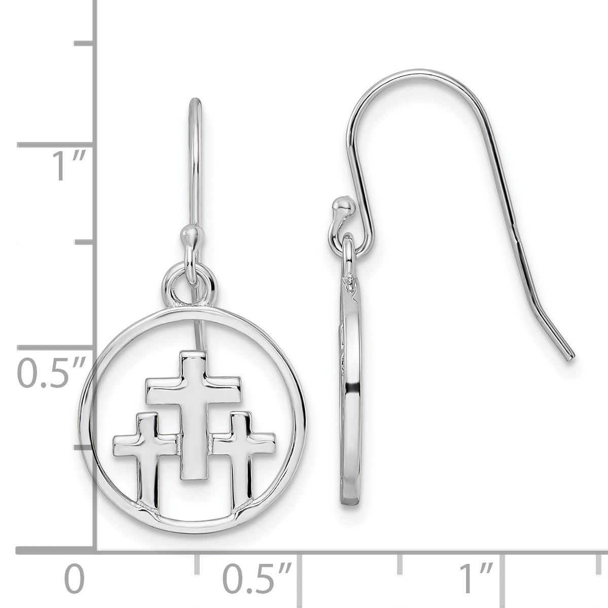 Sterling Silver Rh-Plated Polished 3 Crosses In Circle Dangle Earrings