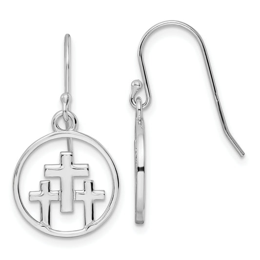 Sterling Silver Rh-Plated Polished 3 Crosses In Circle Dangle Earrings