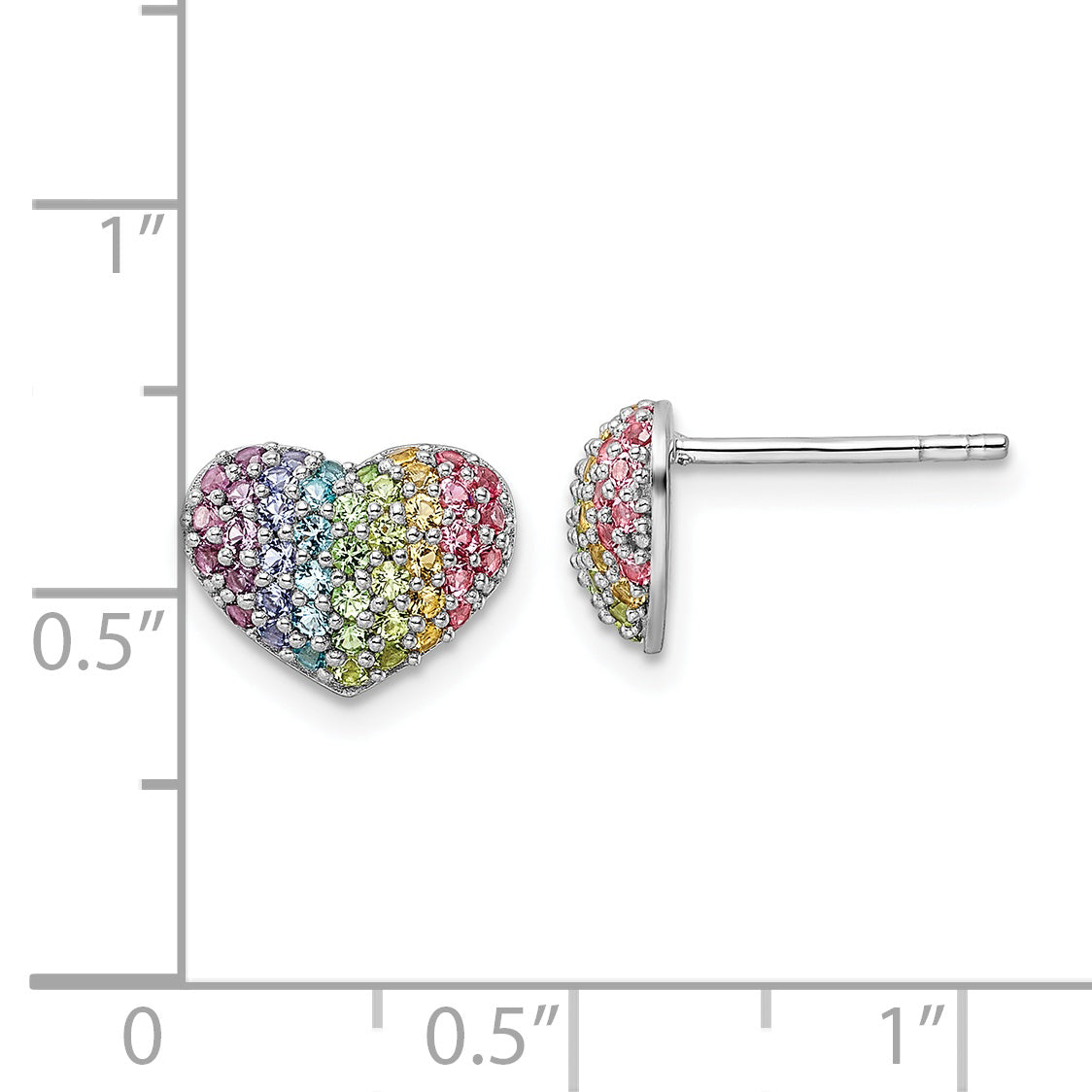 Sterling Silver Rhodium-Plated Rainbow Crystal Heart Post Earrings