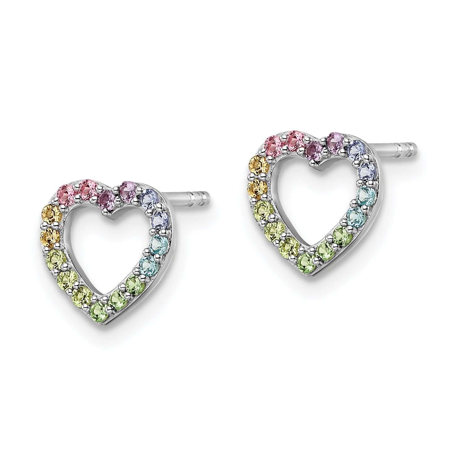 Sterling Silver Rh-Plated Rainbow Crystal Open Heart Post Earrings