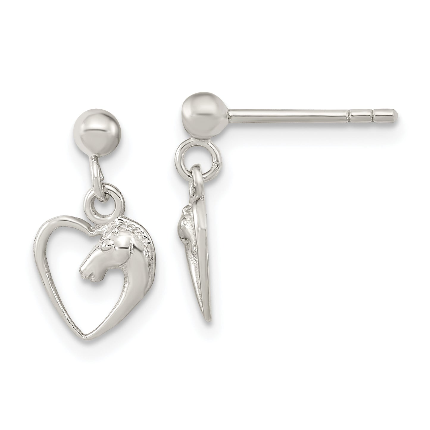 Sterling Silver Rhodium-Plated Open Heart Horse Head Dangle Earrings