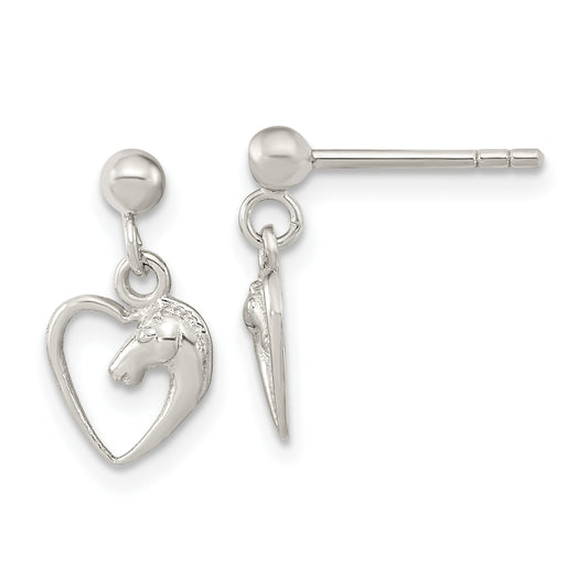 Sterling Silver Rhodium-Plated Open Heart Horse Head Dangle Earrings