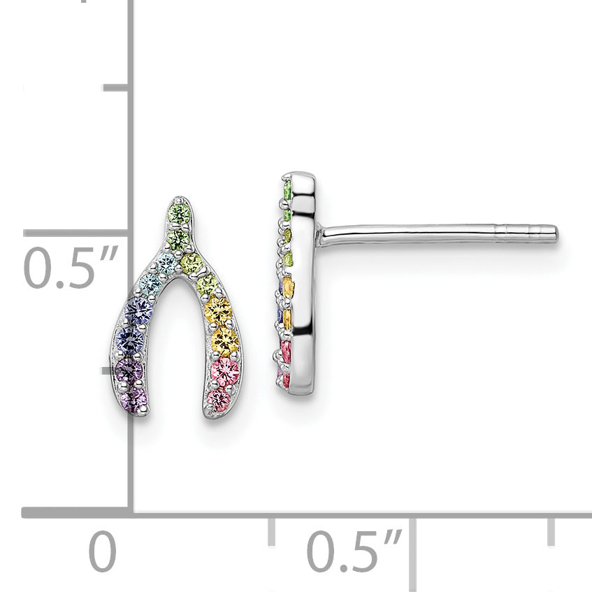 Sterling Silver Rh-Plated Rainbow Crystal Wishbone Post Earrings