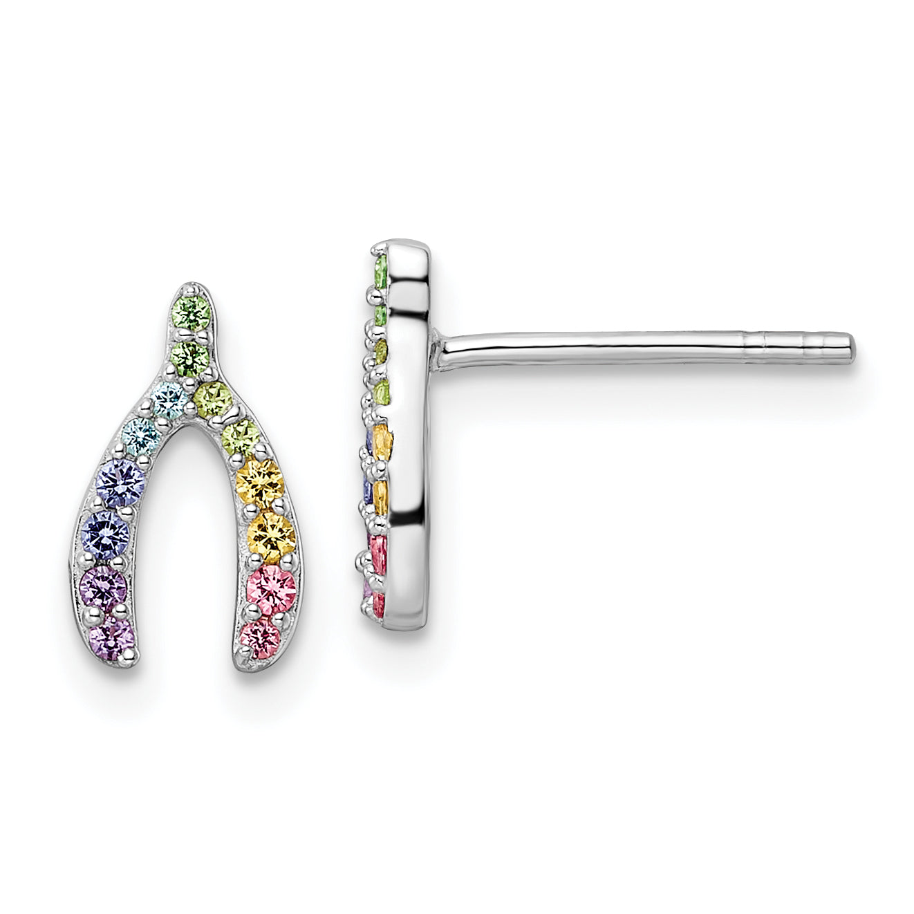 Sterling Silver Rh-Plated Rainbow Crystal Wishbone Post Earrings