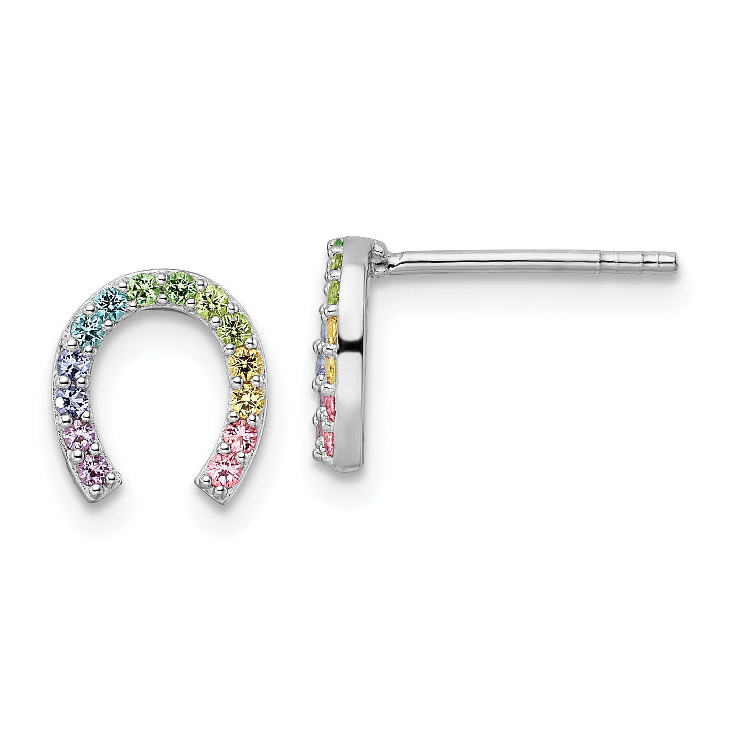 Sterling Silver Rh-Plated Rainbow Crystal Horseshoe Post Earrings