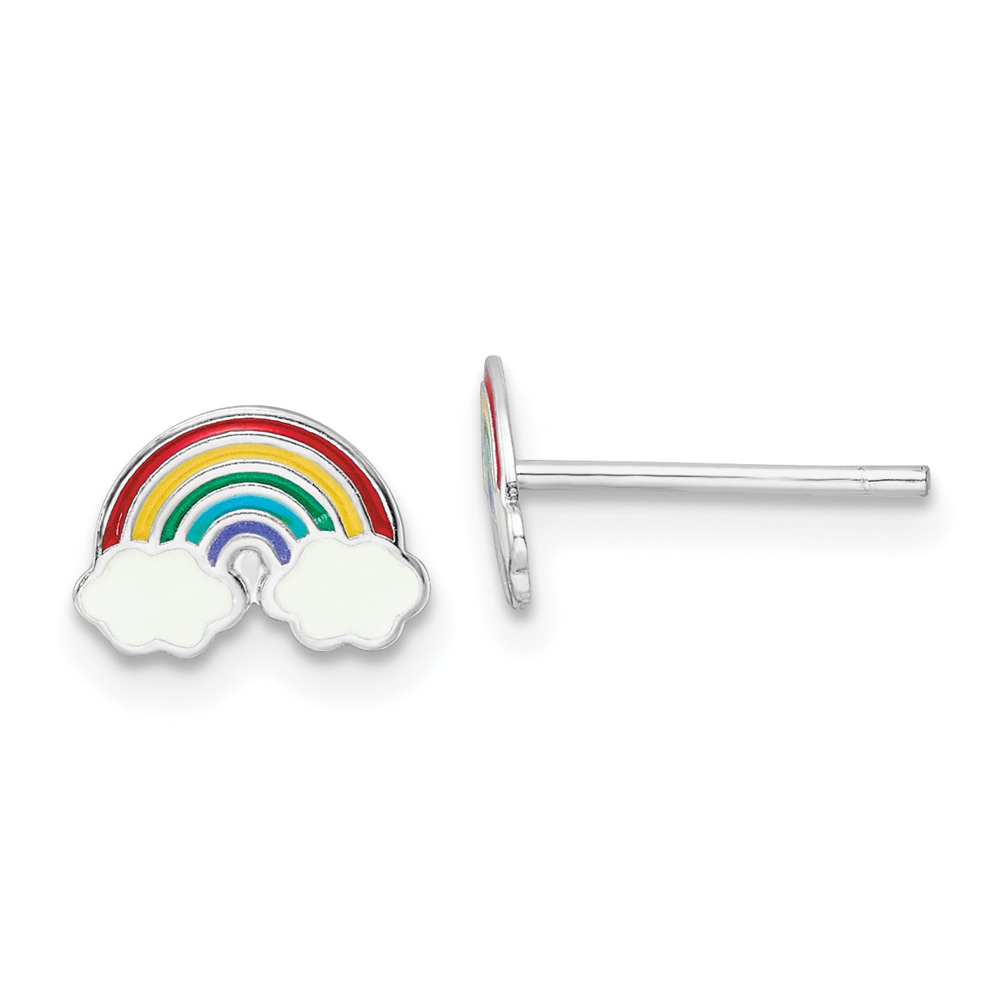 Sterling Silver Rhodium-Plated Polished & Multi-Color Enameled Rainbow Children'S Post Earrings